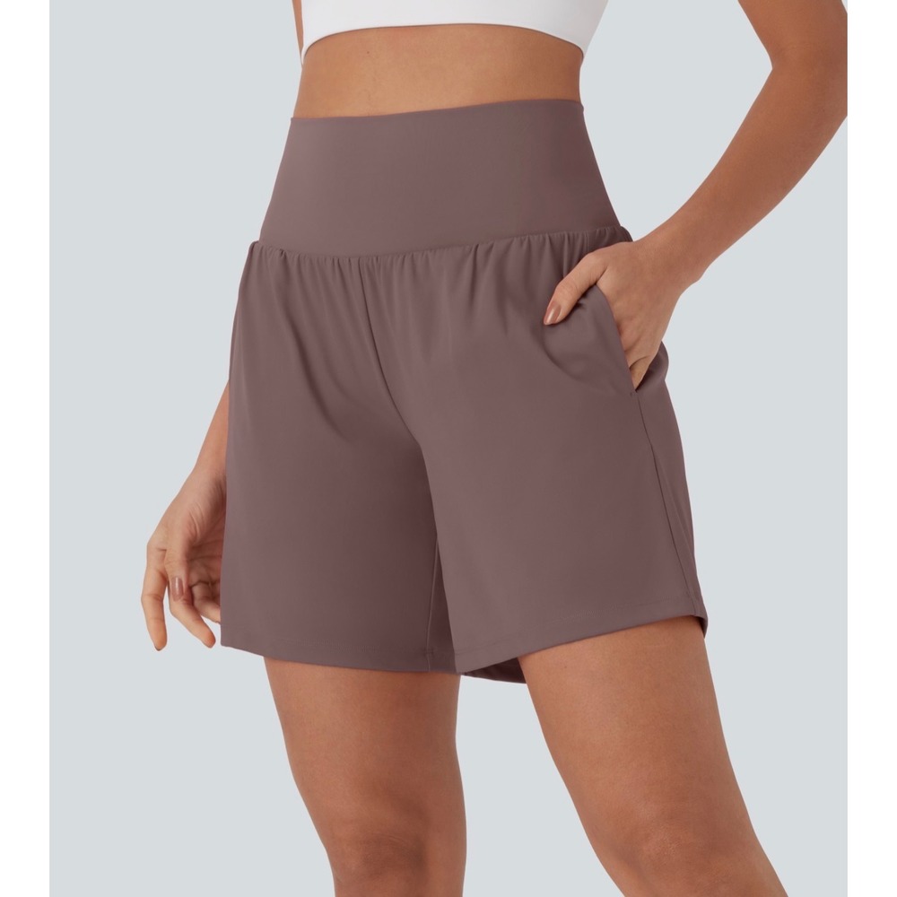 Halara SoftlyZero Airy Super High Waisted 2-in-1 Yoga Shorts Mauve XL 7"